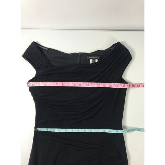 Tadashi Shoji Gathered Ruched Slimming Midi Black Dress LBD Elegant Polished - Picture 9 of 9